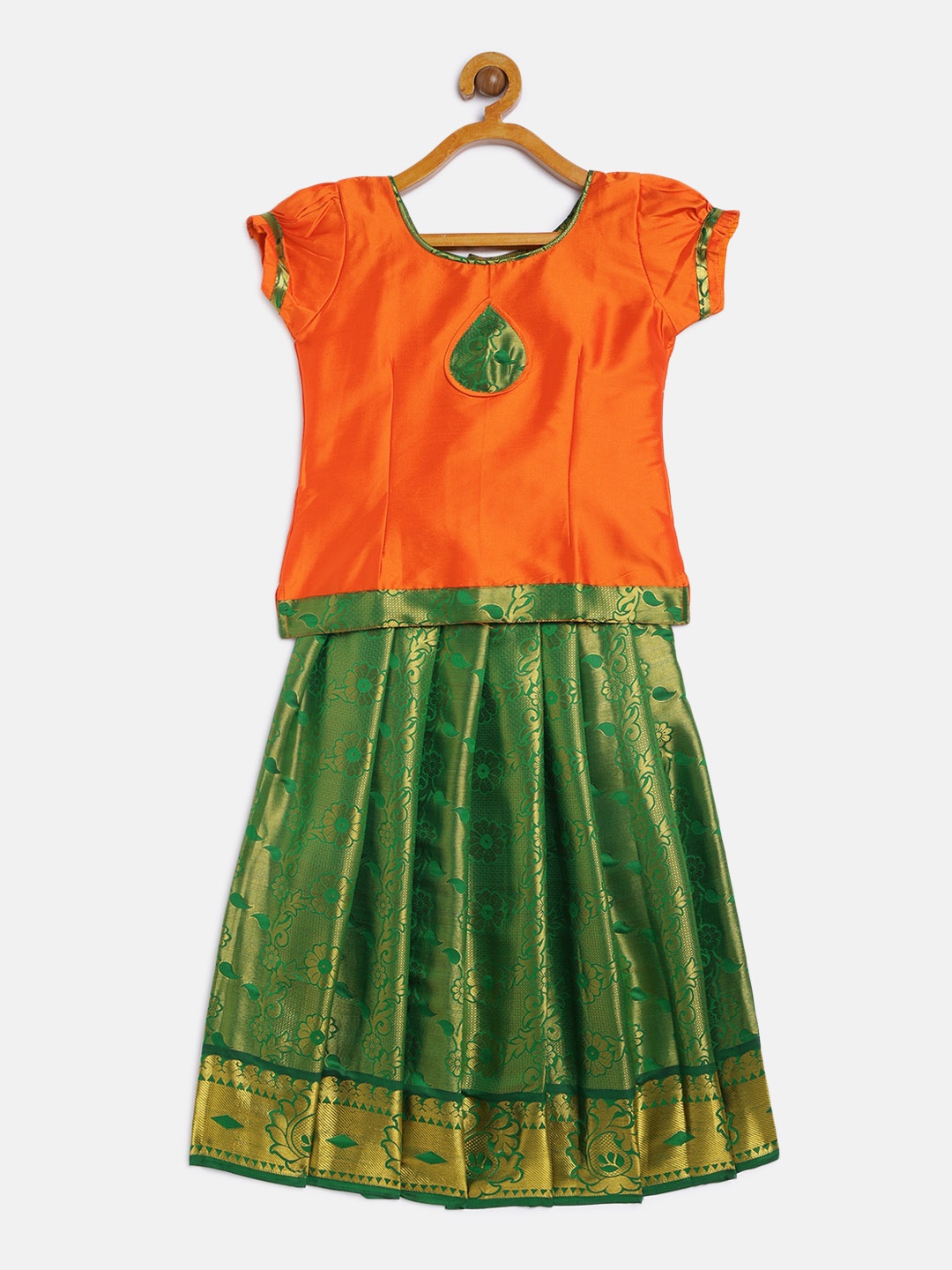 

Baby Lakshmi Girls Orange & Green Woven Design Ready to Wear Lehenga & Choli