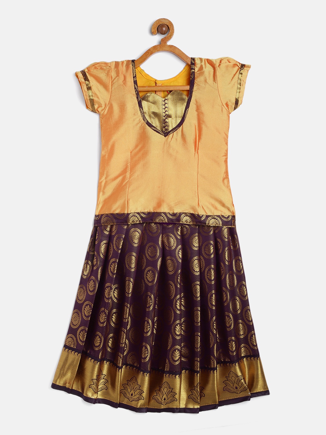 

Baby Lakshmi Girls Golden & Purple Woven Design Ready to Wear Pavadai Set, Gold