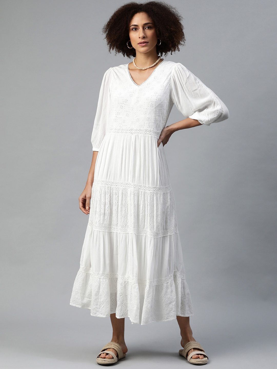 

Marks & Spencer White Schiffli Embroidered Tiered Maxi Dress