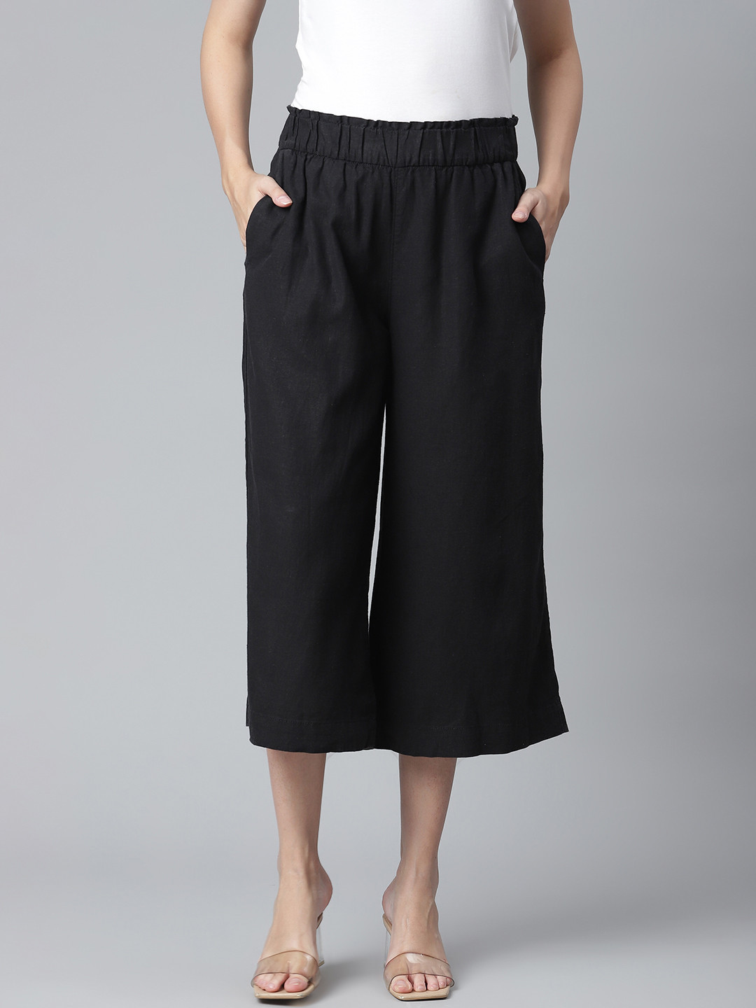 

Marks & Spencer Women Black Pure Linen Solid Culottes