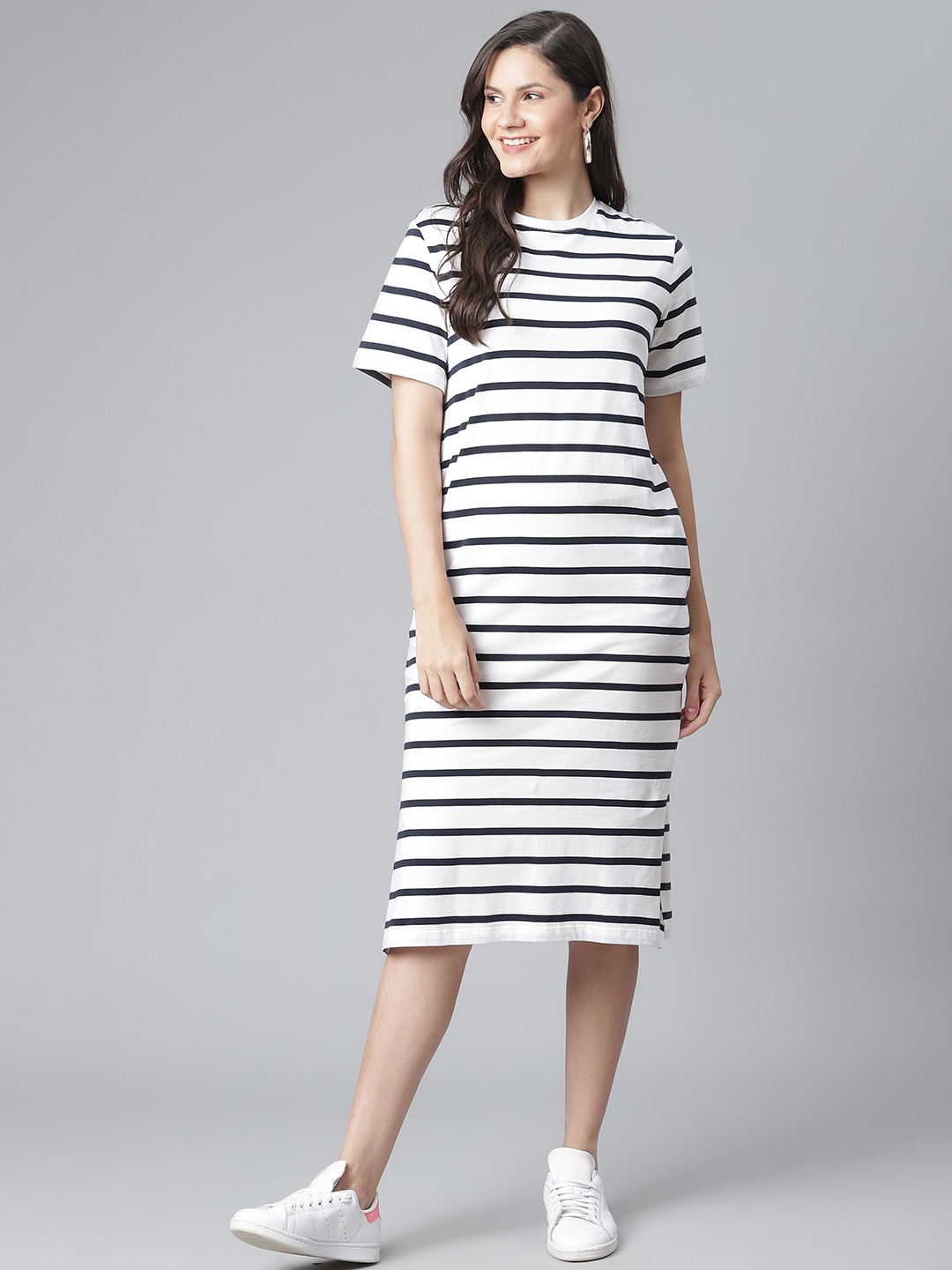 

Marks & Spencer White & Black Pure Cotton Striped Midi T-shirt Dress