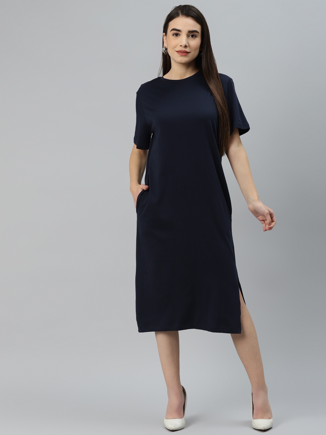 

Marks & Spencer Navy Blue Pure Cotton Solid T-shirt Dress
