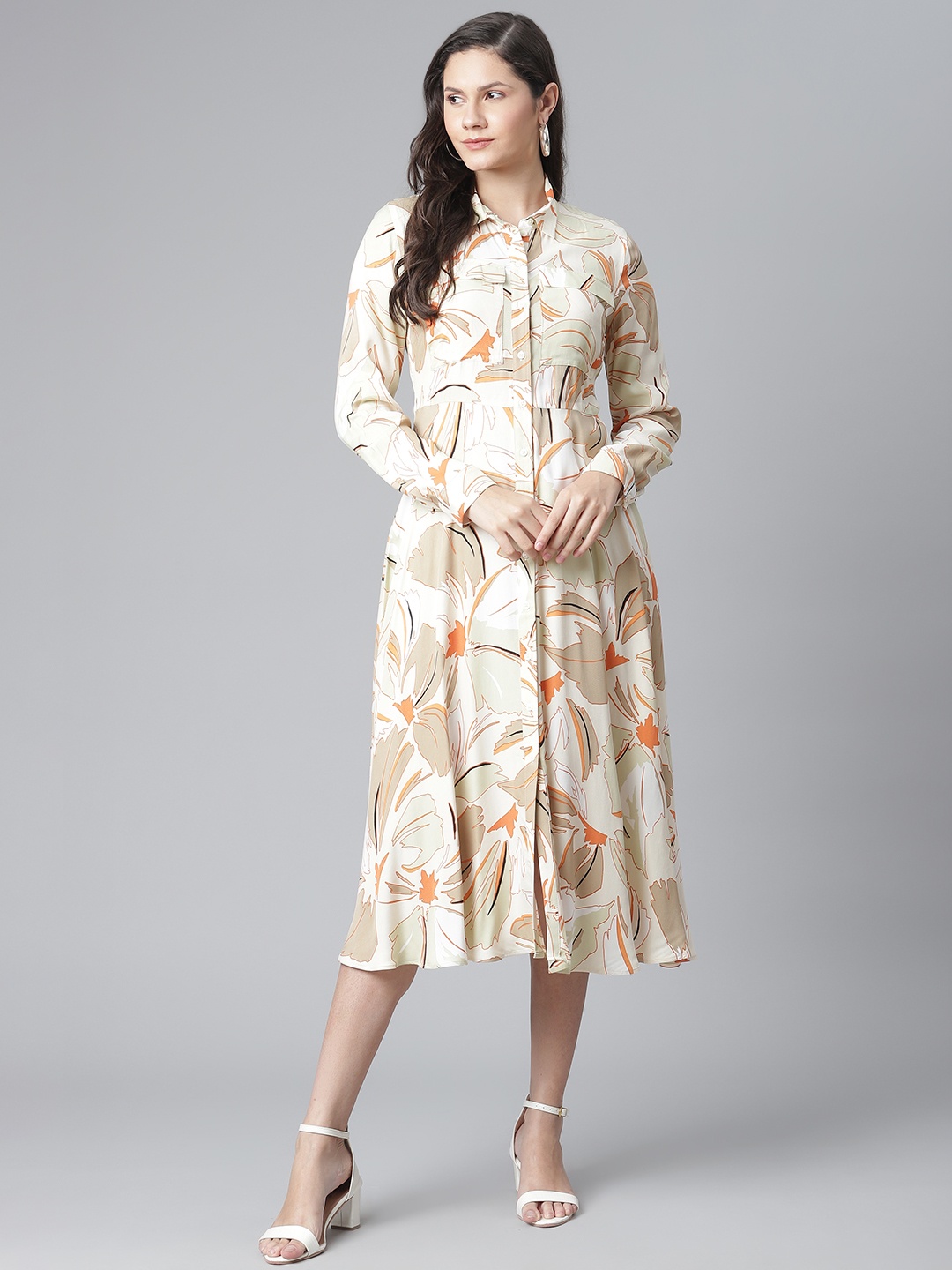 

Marks & Spencer AUTOGRAPH Beige & Orange Printed Shirt Midi Dress