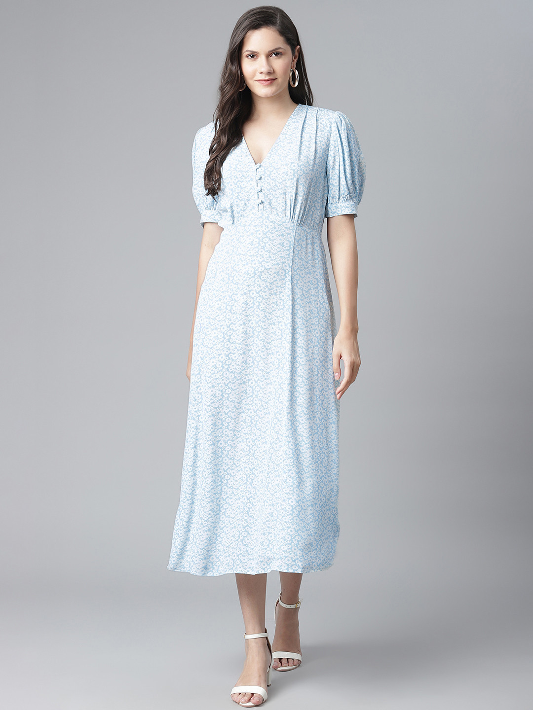 

Marks & Spencer X GHOST White & Blue Floral Printed A-Line Midi Dress