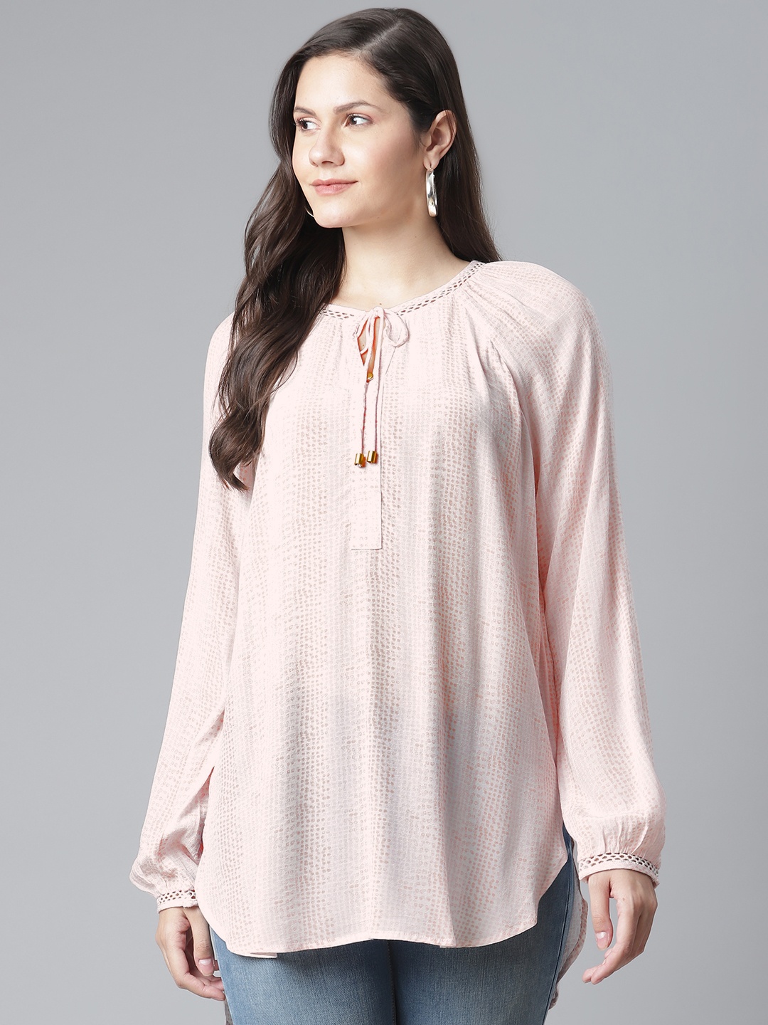 

Marks & Spencer White & Pink Printed Tie-Up Neck Extended Sleeves High-Low Top