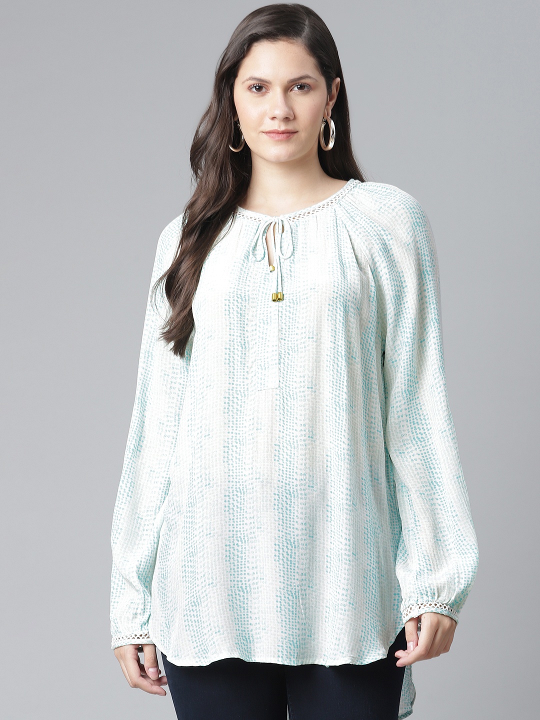 

Marks & Spencer White & Blue Printed Tie-Up Neck Extended Sleeves High-Low Top