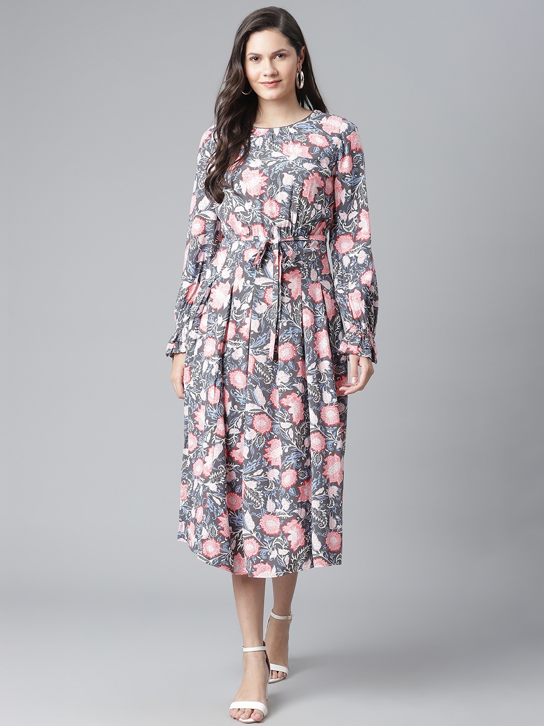 

Marks & Spencer Grey & Red Floral Printed A-Line Midi Dress