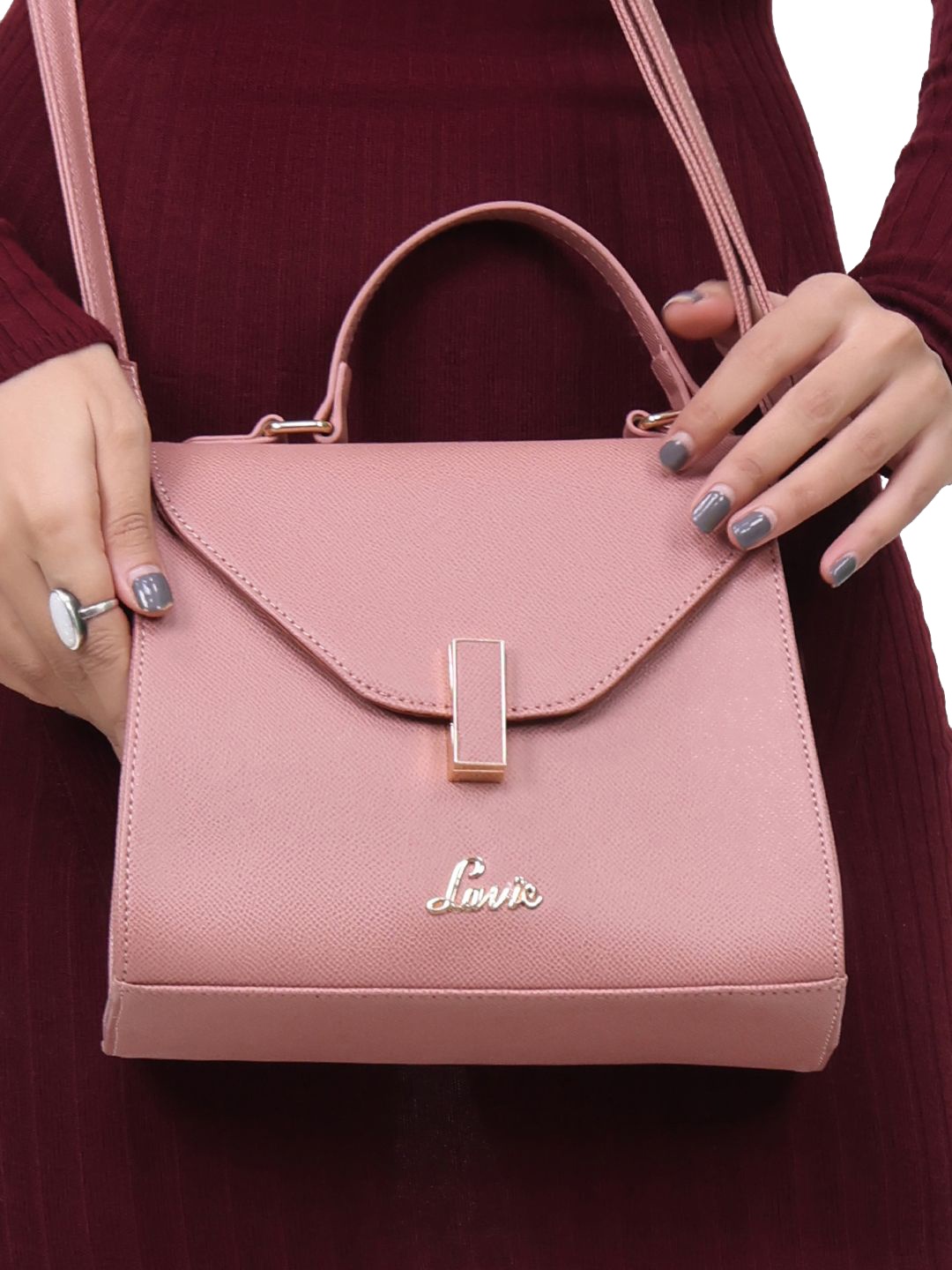 

Lavie Gypsy Women Dusty Pink Solid Structured Flap Satchel Handbag