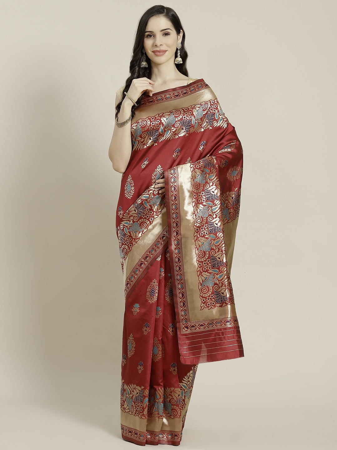 

Mitera Maroon & Golden Ethnic Motifs Woven Design Kanjeevaram Saree