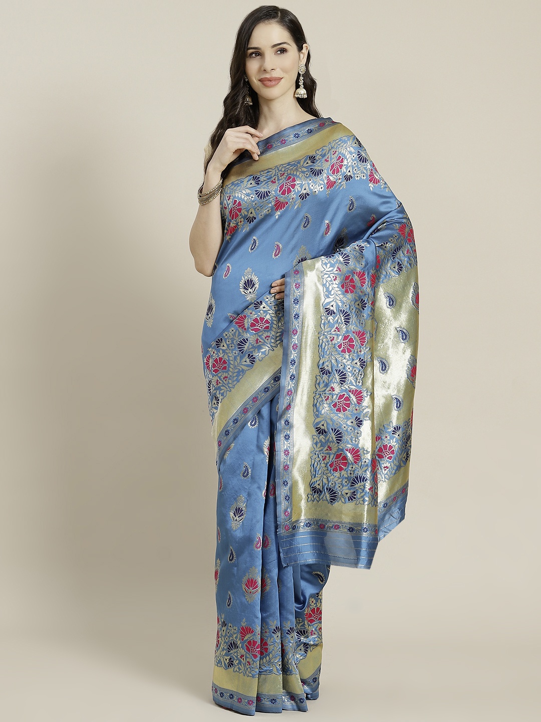 

Mitera Blue & Golden Ethnic Motifs Woven Design Kanjeevaram Saree