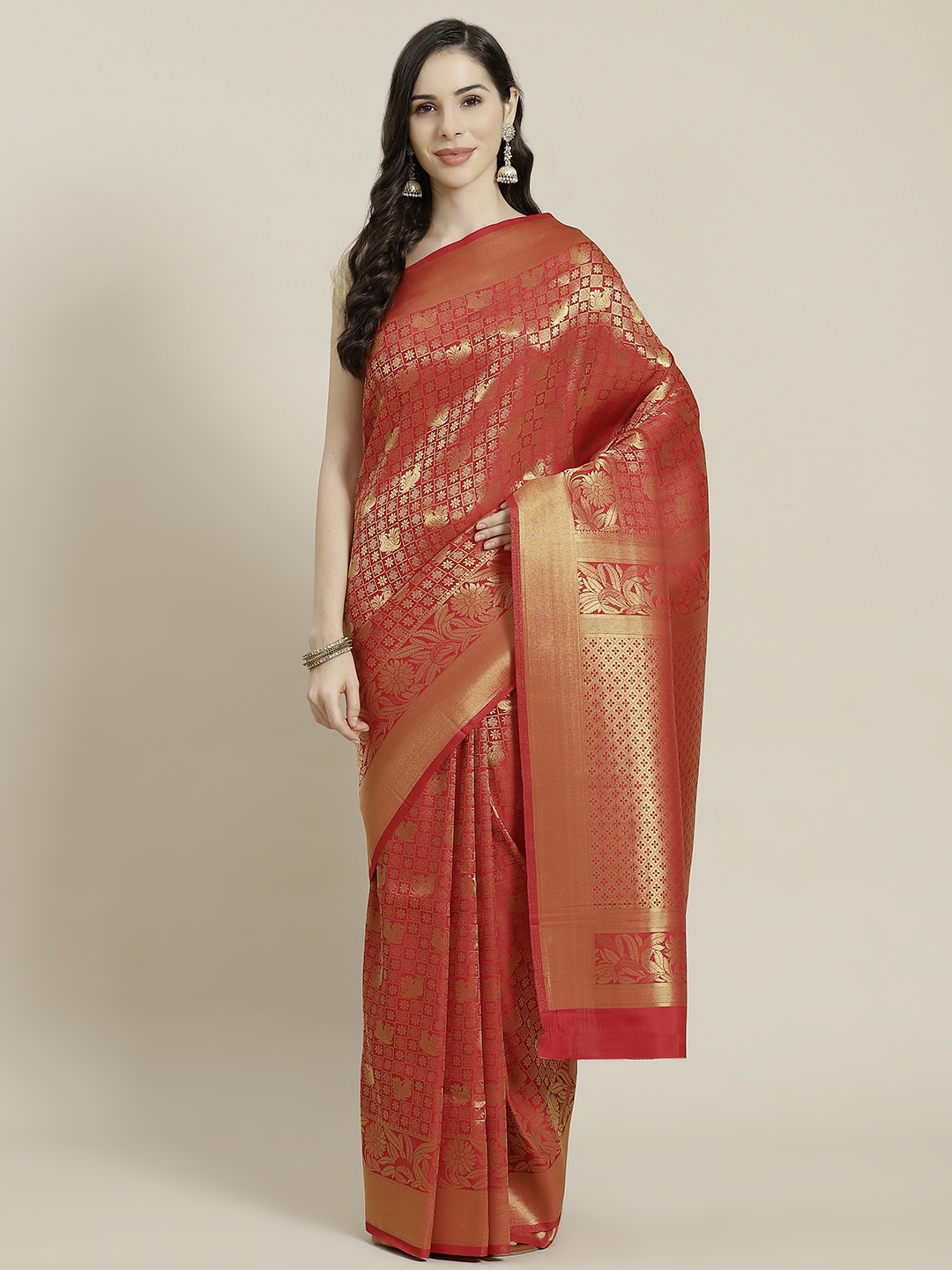 

Mitera Red & Golden Ethnic Motifs Woven Design Kanjeevaram Saree