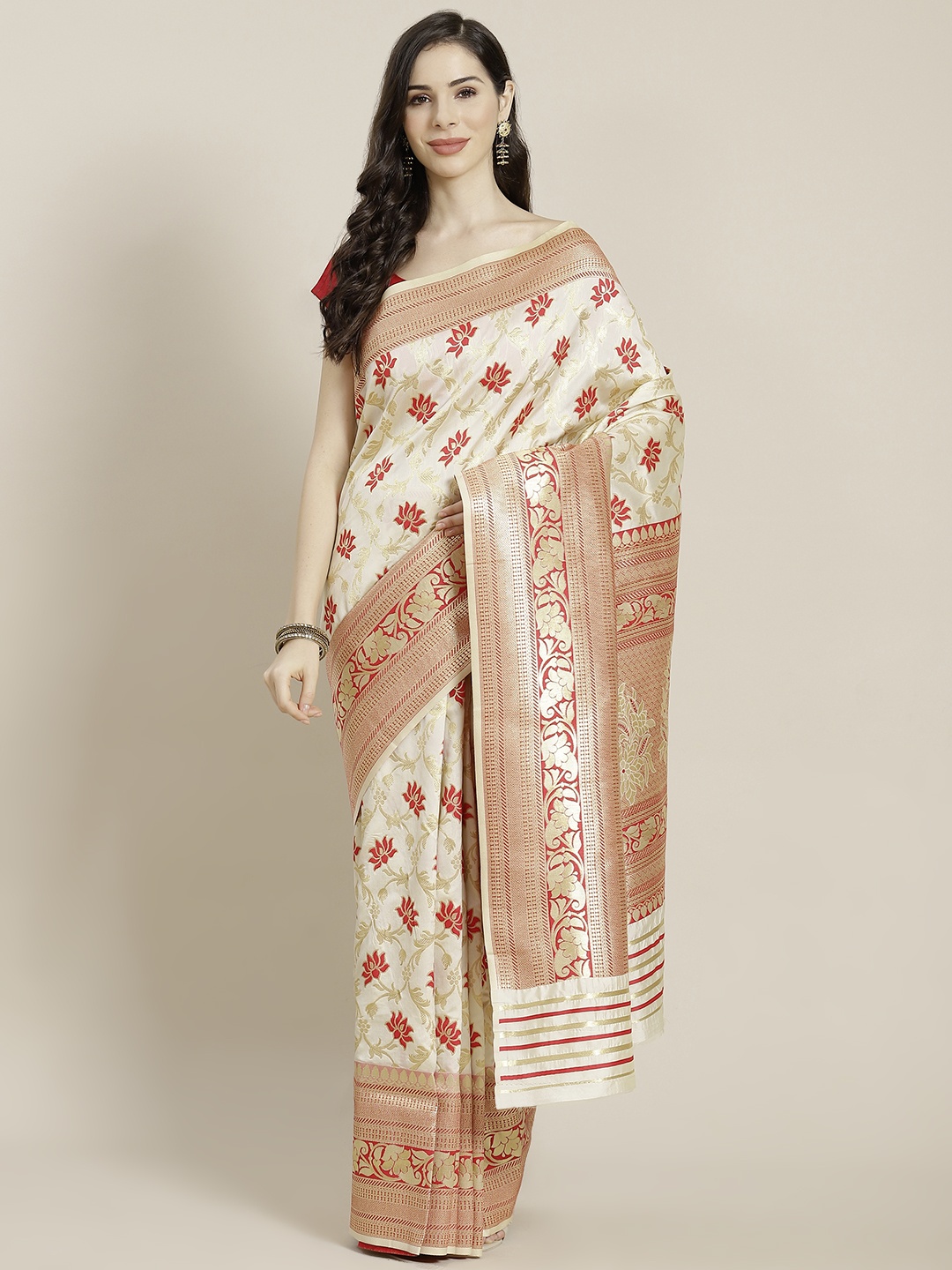 

Mitera Cream-Coloured & Red Woven Design Kanjeevaram Saree