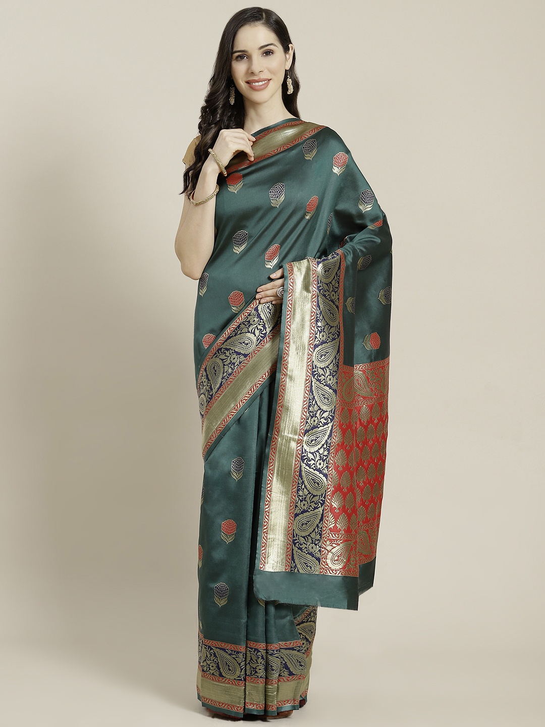 

Mitera Green & Red Zari Woven Design Kanjeevaram Saree