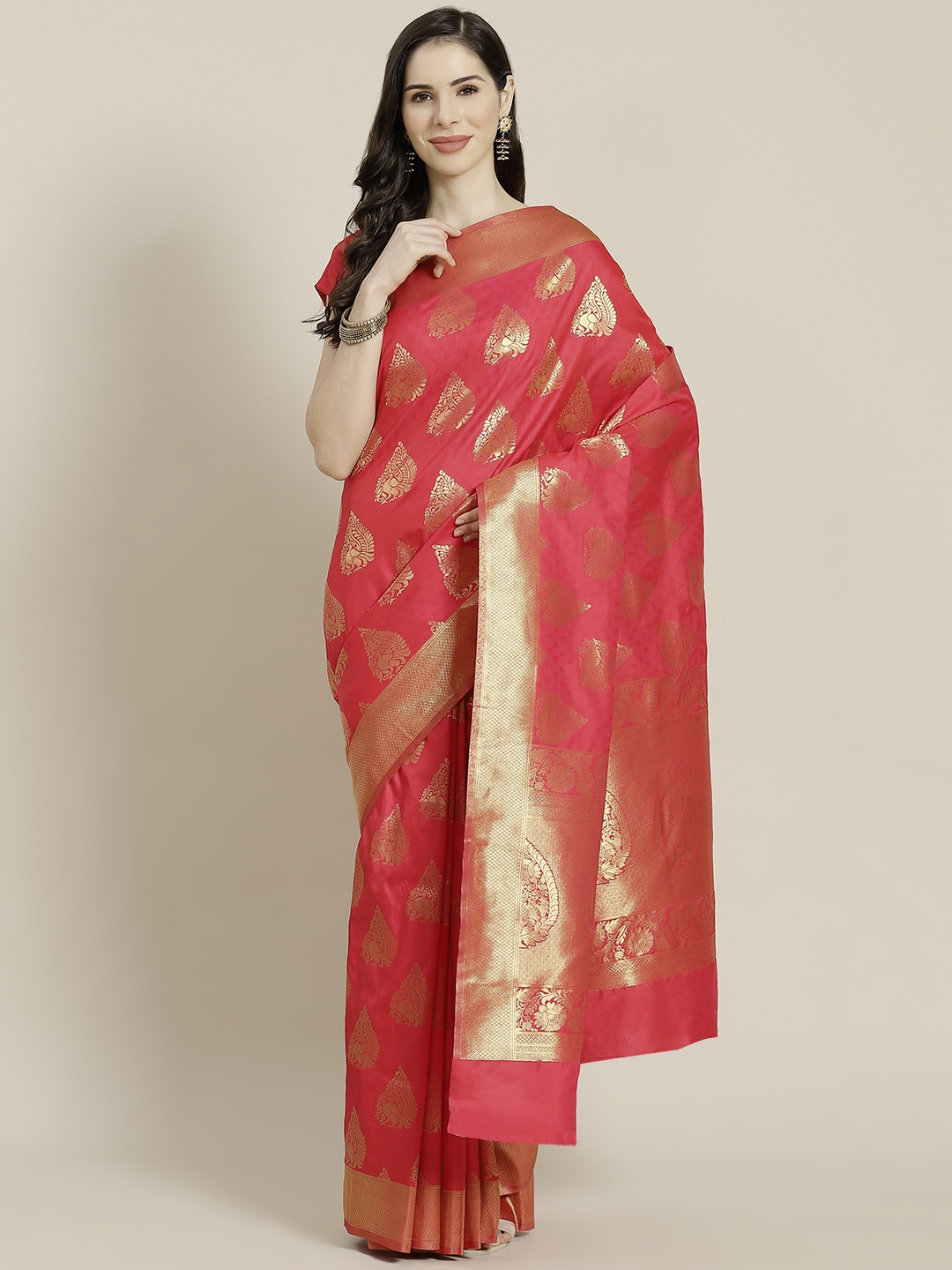 

Mitera Red & Golden Ethnic Motifs Zari Celebrity Kanjeevaram Saree