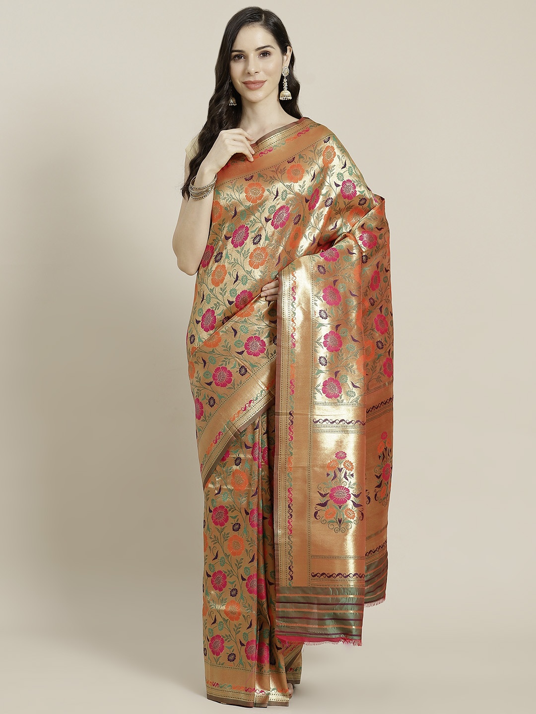 

Mitera Golden & Pink Ethnic Motifs Woven Design Kanjeevaram Saree, Gold