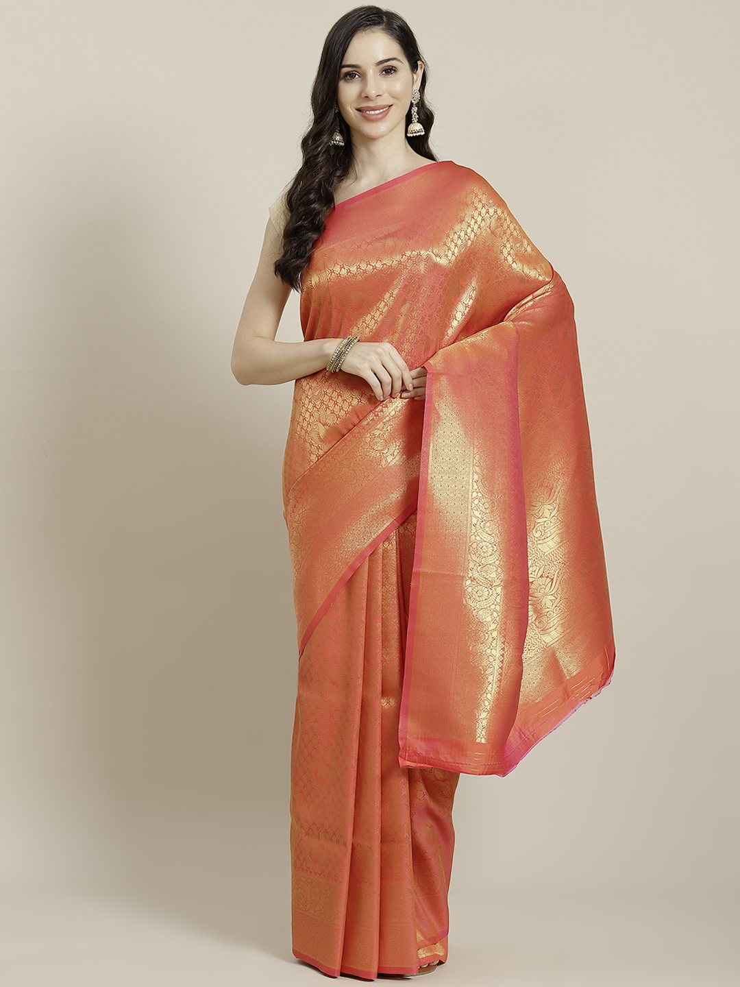 

Mitera Peach-Coloured & Golden Ethnic Motifs Woven Design Kanjeevaram Saree