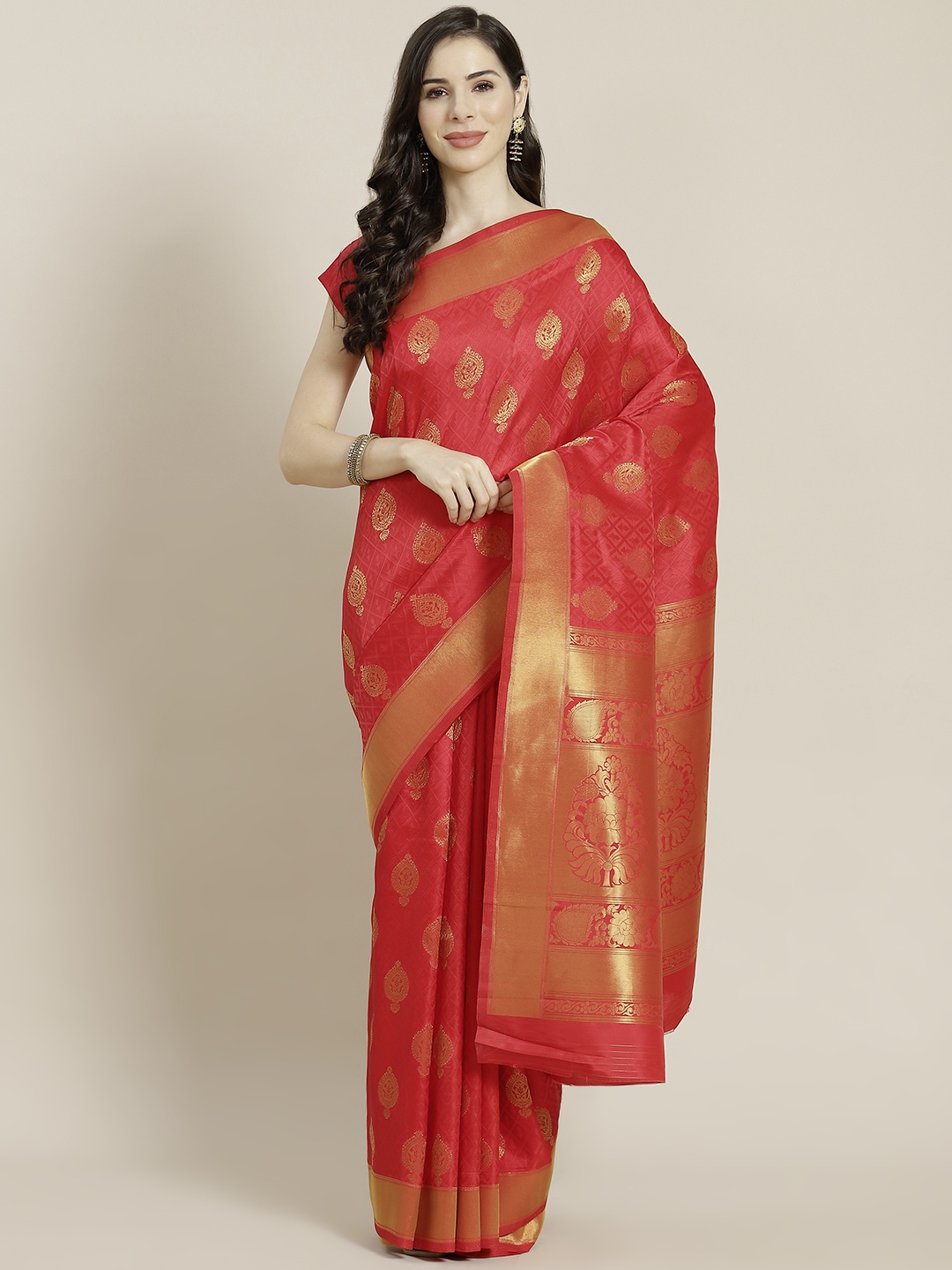 

Mitera Red & Golden Woven Design Kanjeevaram Saree