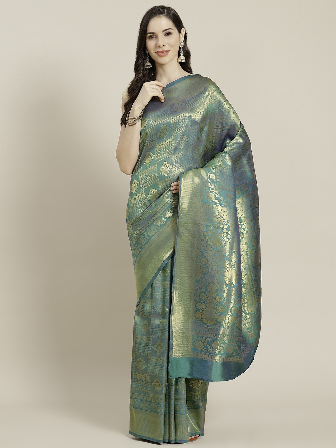 

Mitera Teal Blue & Golden Ethnic Motifs Zari Celebrity Kanjeevaram Saree