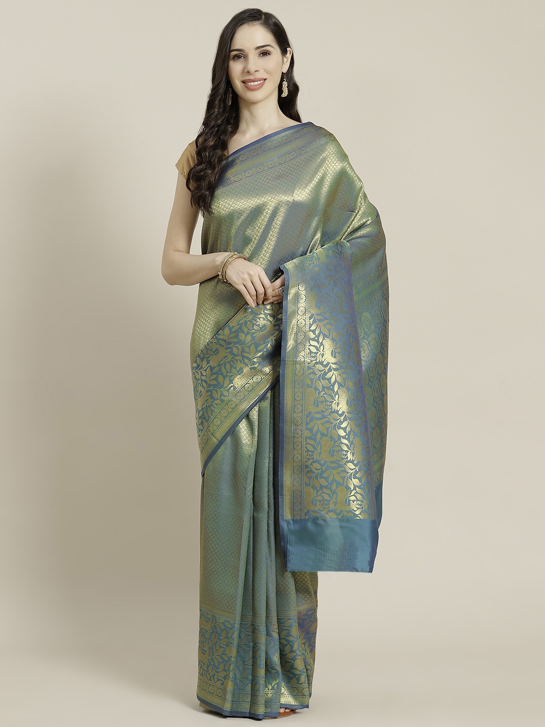 

Mitera Teal Green & Golden Ethnic Motifs Zari Celebrity Kanjeevaram Saree