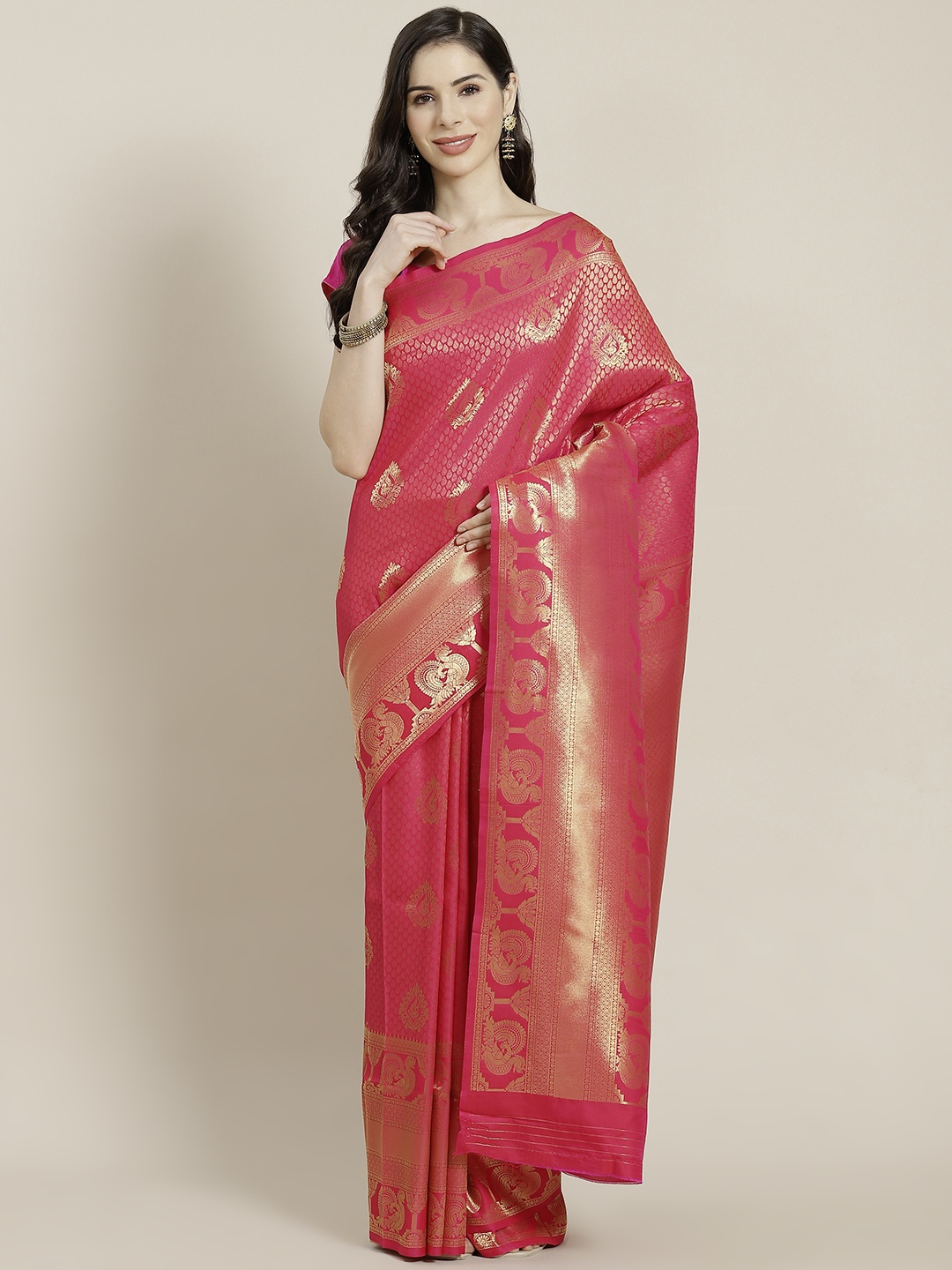 

Mitera Pink & Golden Woven Design Kanjeevaram Saree