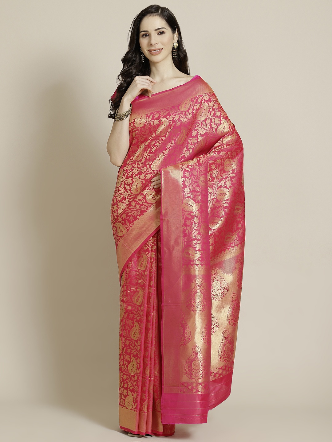 

Mitera Pink & Golden Ethnic Motifs Zari Woven Design Kanjeevaram Saree
