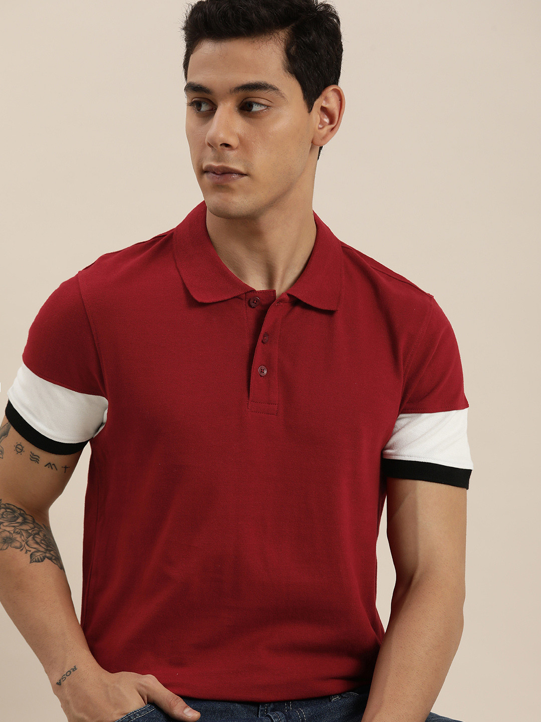 

INVICTUS Men Maroon & White Colourblocked Polo Collar Pure Cotton T-shirt