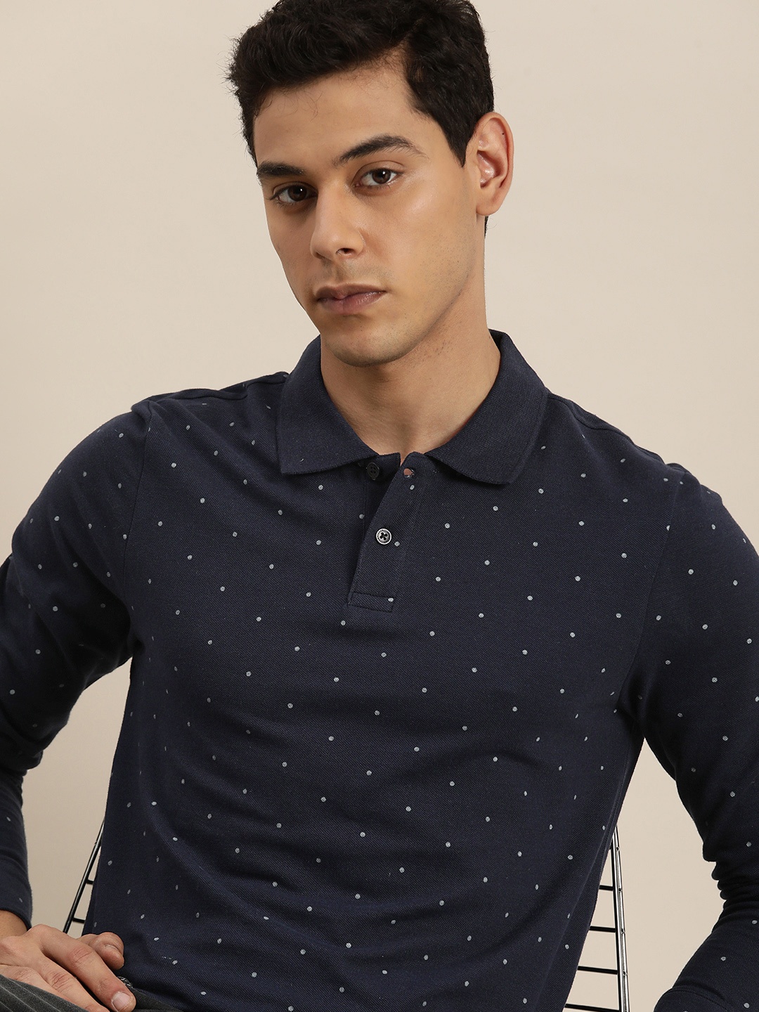 

INVICTUS Men Navy Blue & White Printed Polo Collar Pure Cotton T-shirt