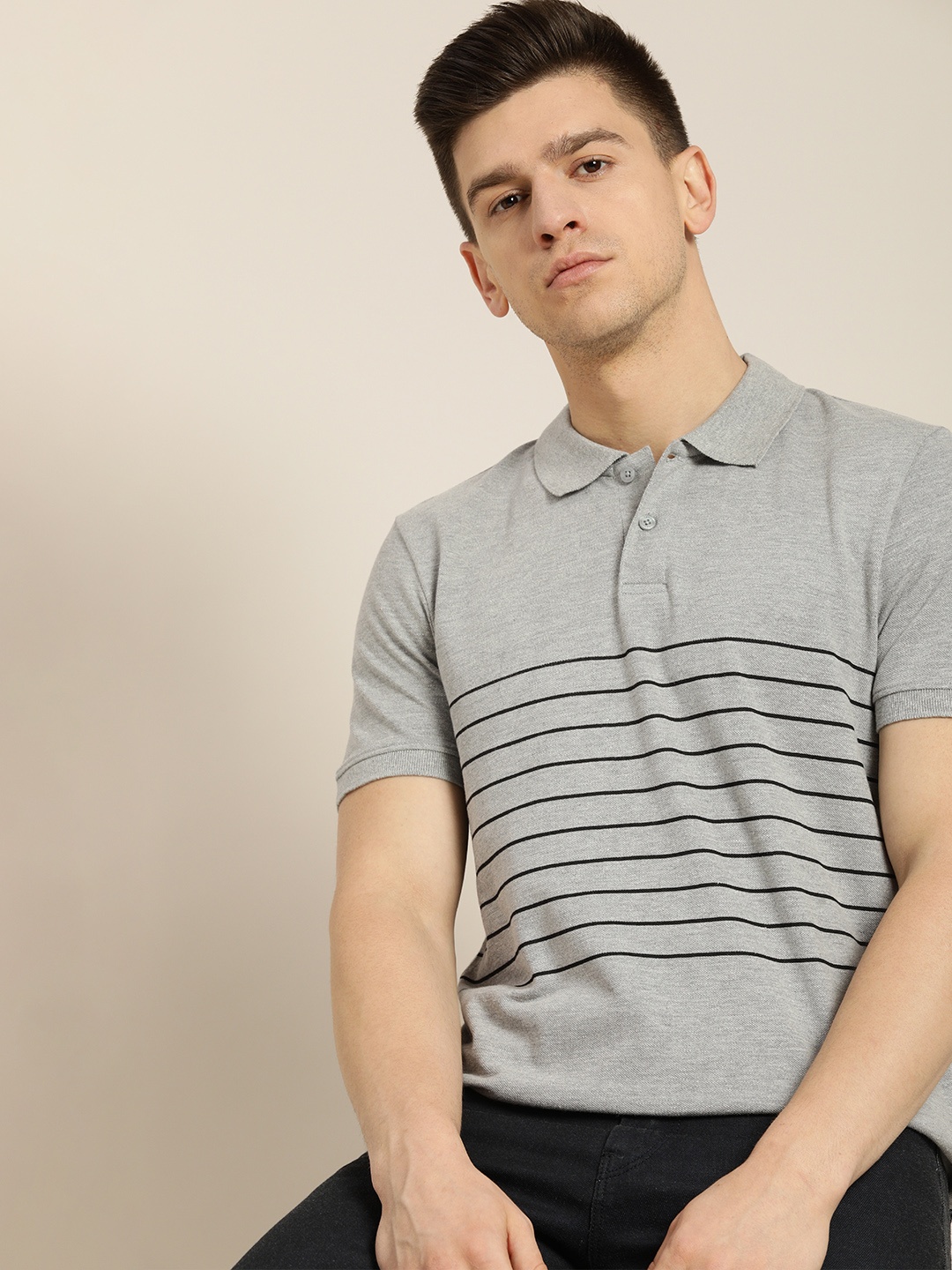 

INVICTUS Men Grey Melange & Black Printed Stripes Polo Collar T-shirt