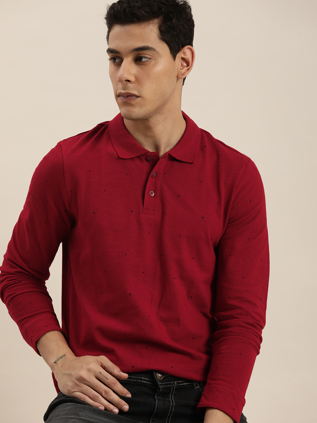 

INVICTUS Men Maroon & Black Printed Polo Collar Pure Cotton T-shirt