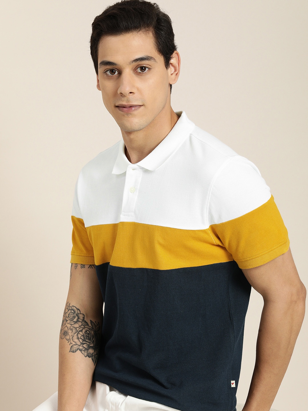 

INVICTUS Men Navy Blue & White Colourblocked Polo Collar Pure Cotton T-shirt