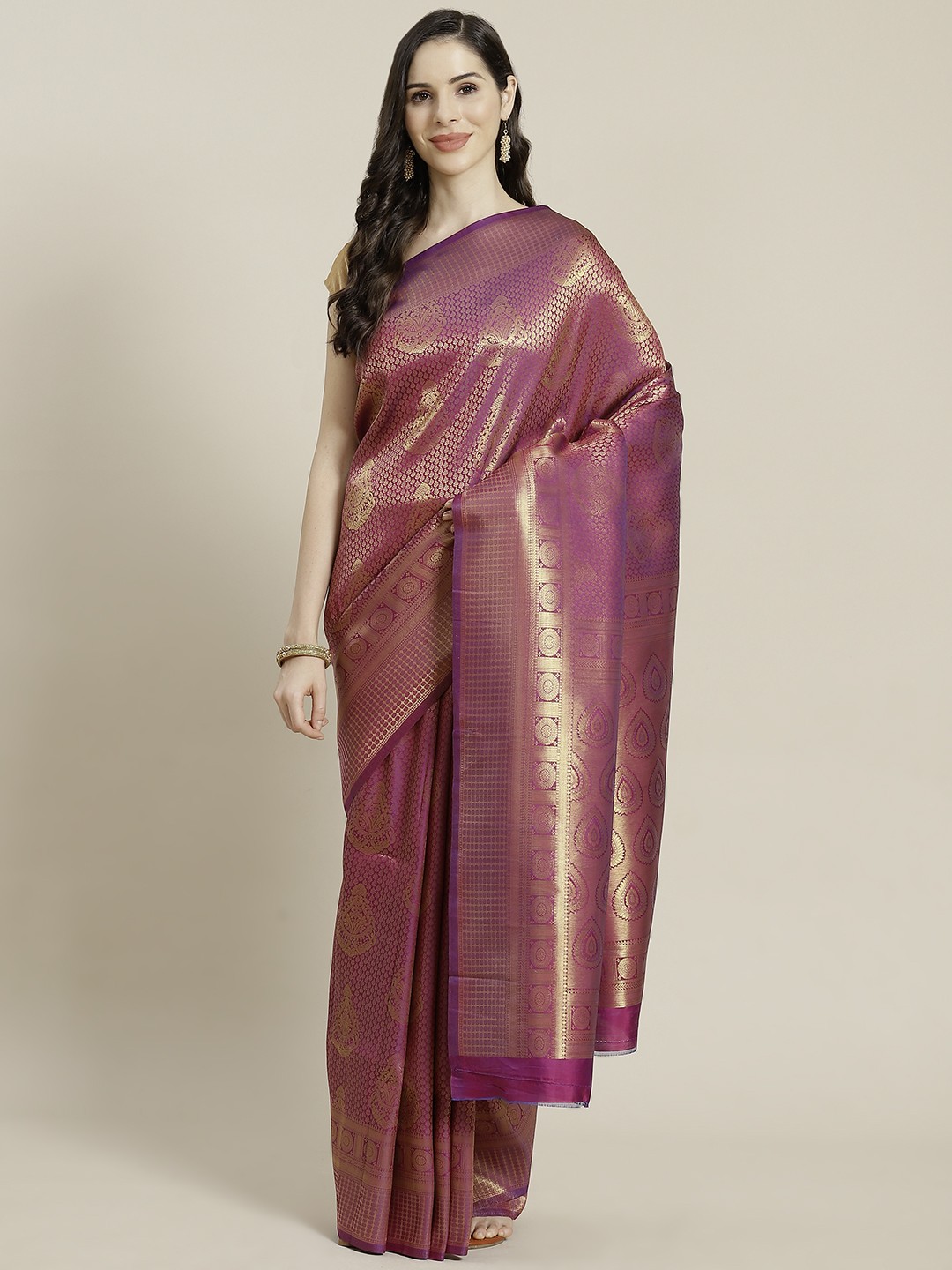 

Mitera Purple & Golden Ethnic Motifs Woven Design Kanjeevaram Saree
