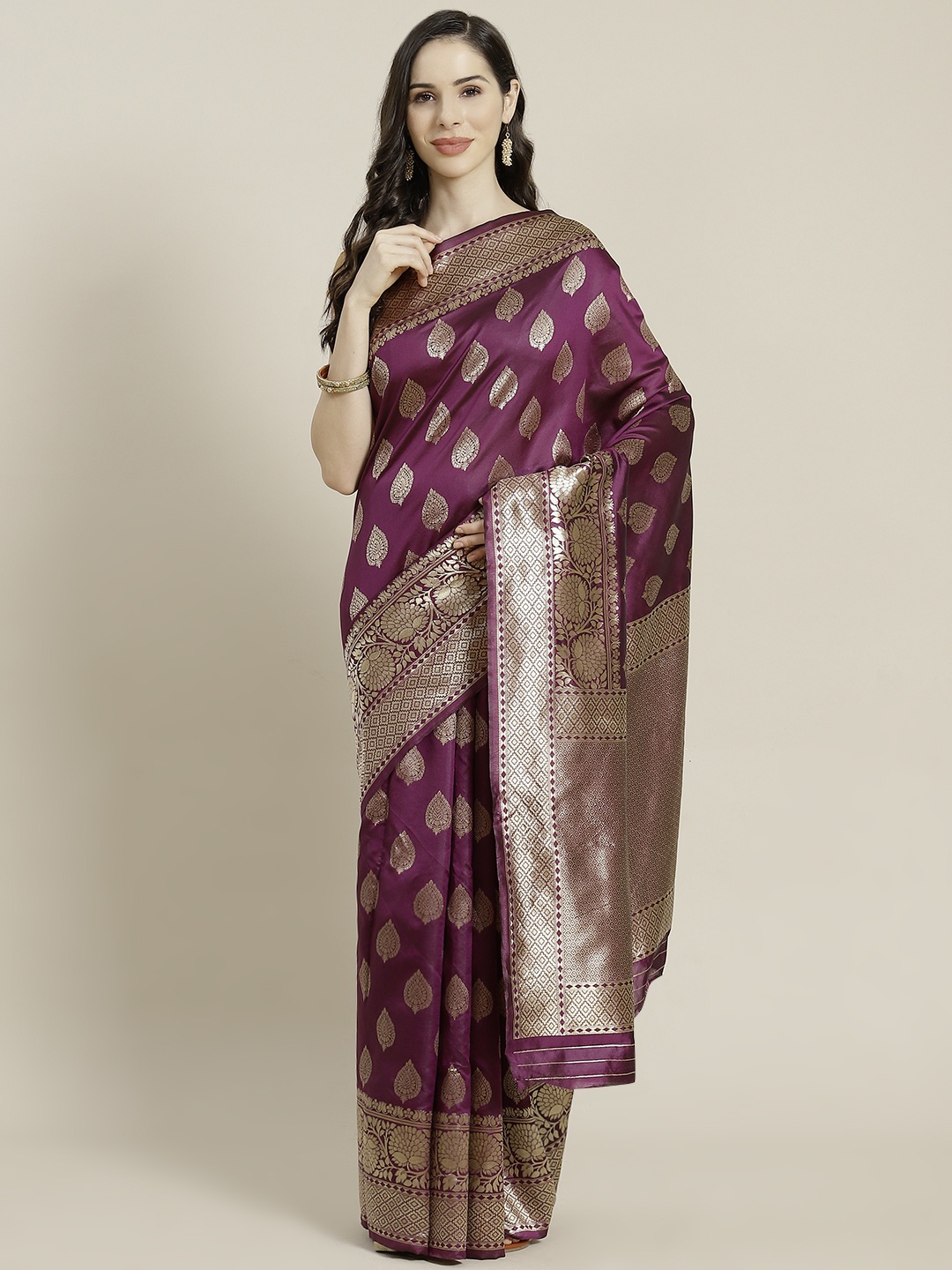 

Mitera Purple & Golden Ethnic Motifs Woven Design Kanjeevaram Saree