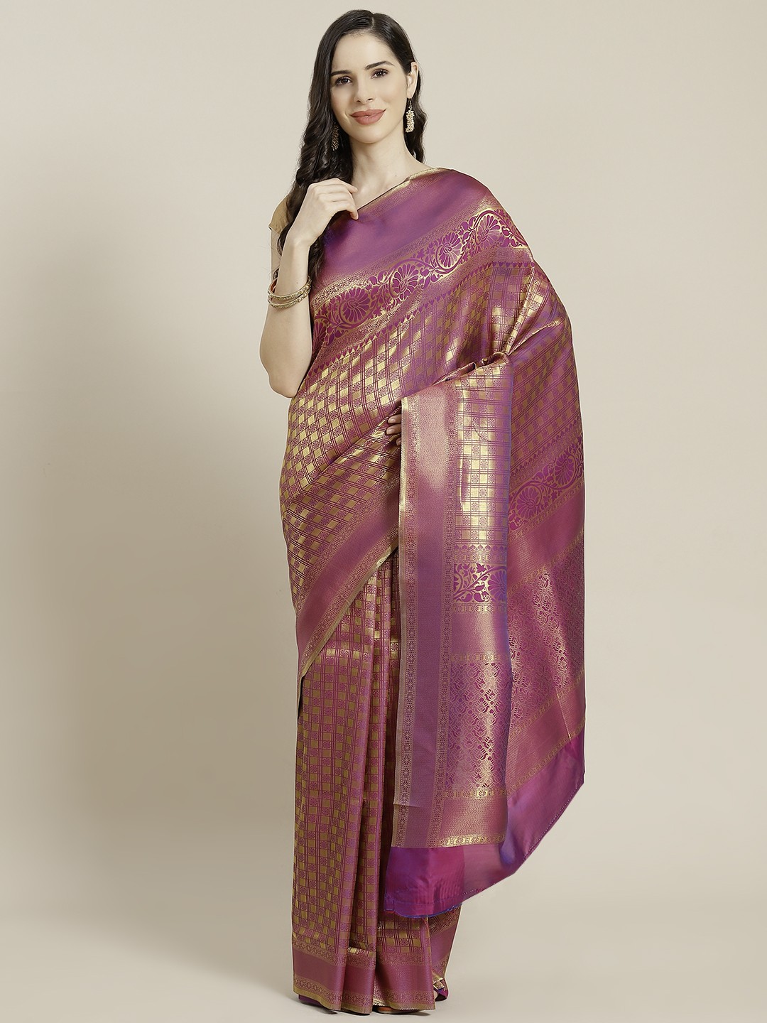

Mitera Pink & Golden Ethnic Motifs Woven Design Kanjeevaram Saree