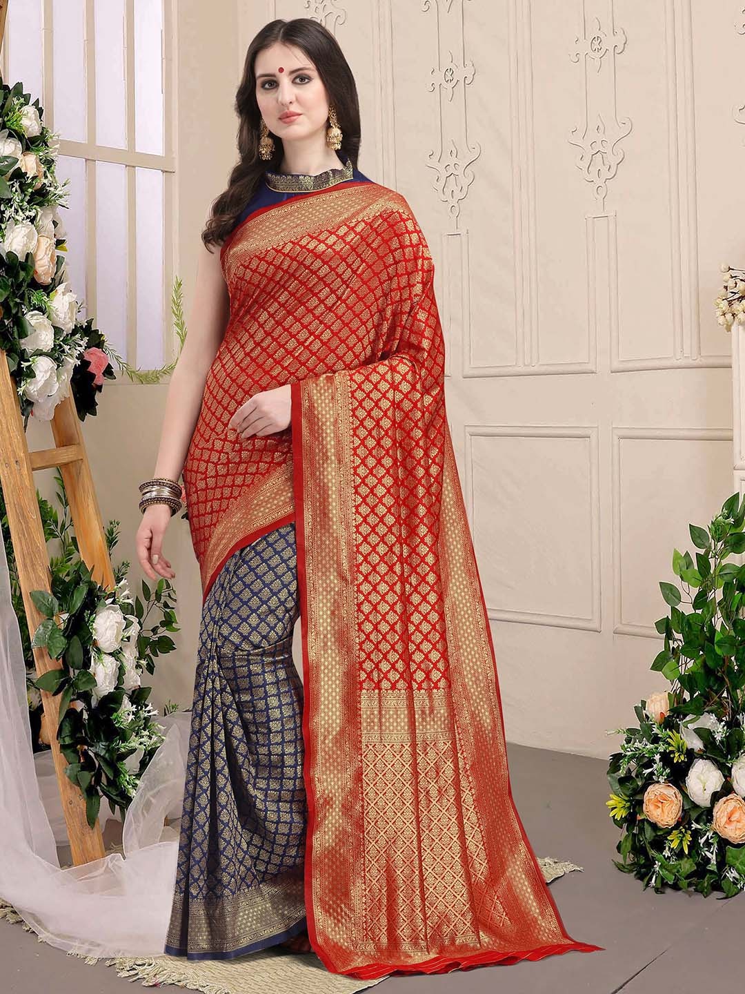 

KALINI Navy Blue & Red Ethnic Motifs Zari Silk Blend Half and Half Kanjeevaram Saree