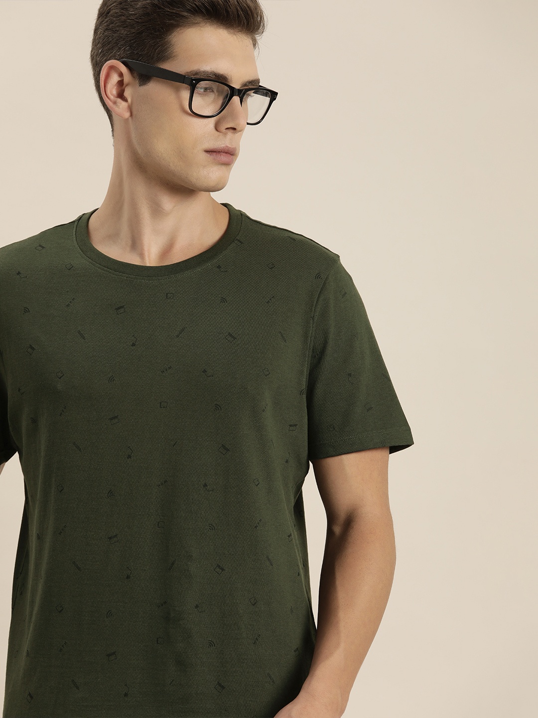 

Invictus Indoor Men Olive Green Conversational Print Round Neck Pure Cotton T-shirt