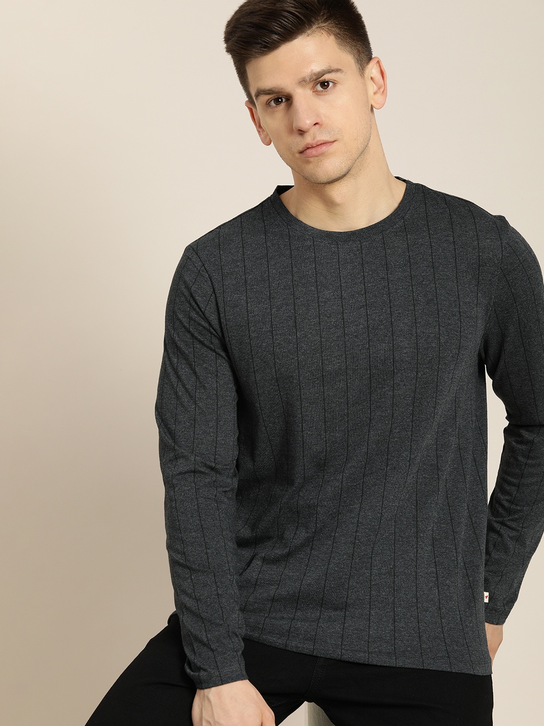 

Invictus Indoor Men Charcoal Grey & Black Striped Pure Cotton Casual T-shirt