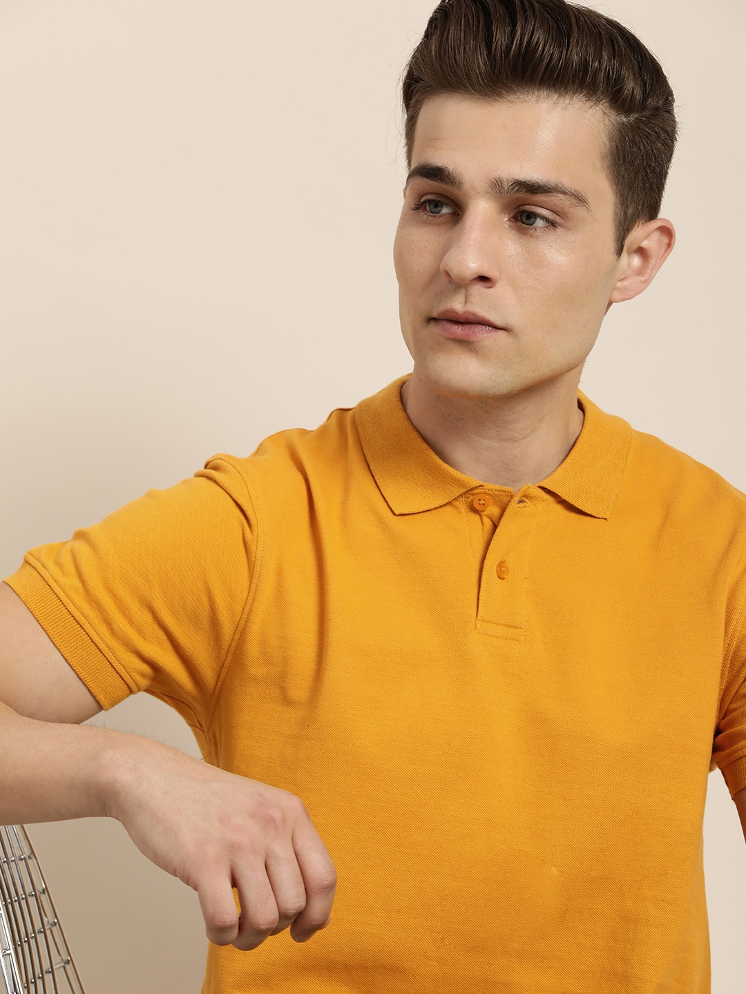 

Invictus Indoor Men Mustard Yellow Solid Polo Collar Pure Cotton T-shirt