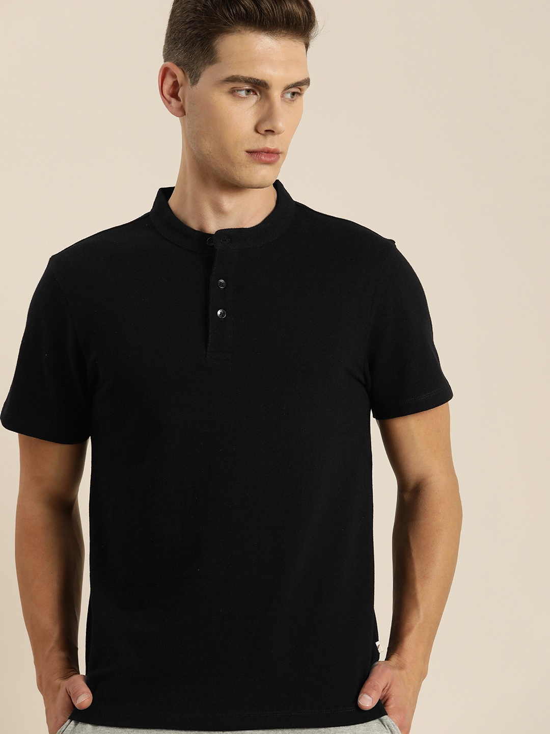 

Invictus Indoor Men Black Solid Pure Cotton Henley Neck T-shirt
