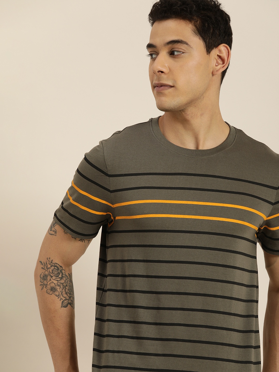 

Invictus Indoor Men Olive Green & Black Striped T-shirt