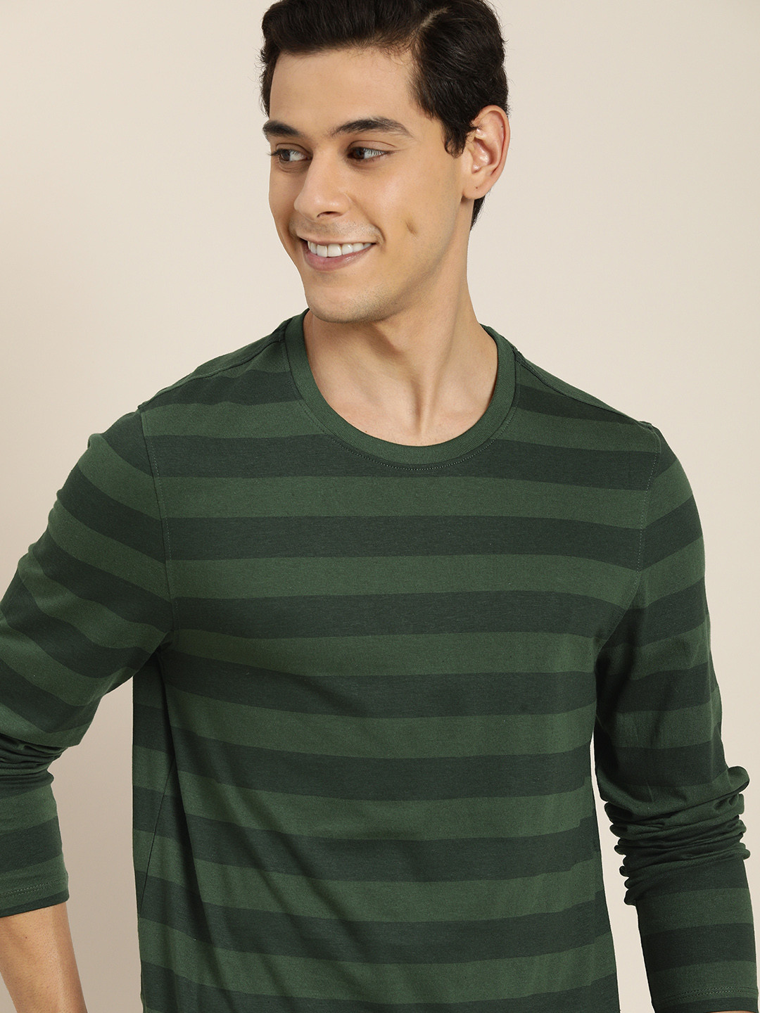 

Invictus Indoor Men Green & Black Stripes Printed Pure Cotton Casual T-shirt