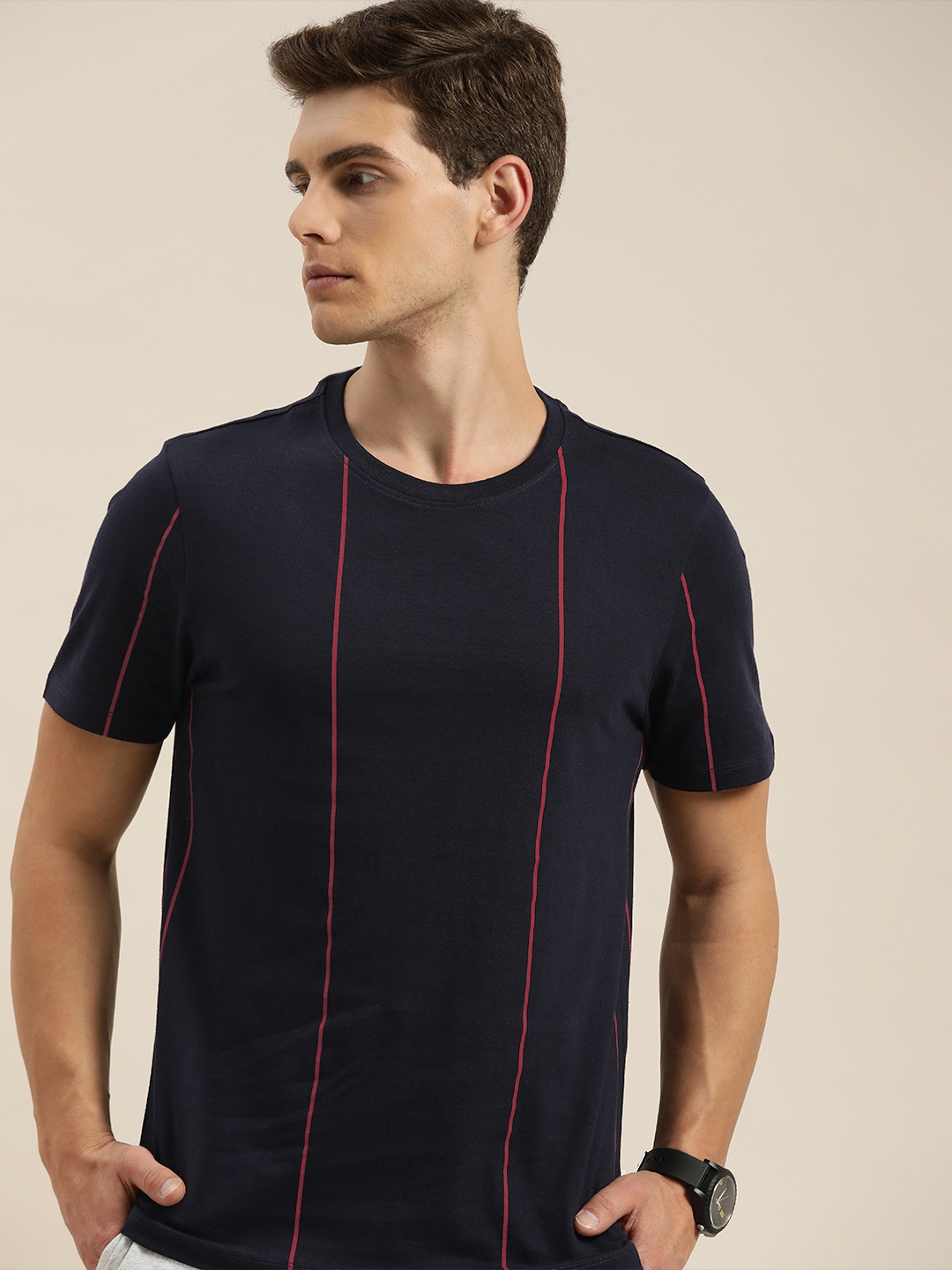 

Invictus Indoor Men Navy Blue & Pink Striped Casual T-shirt