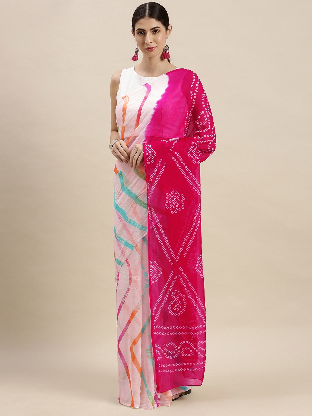 

Mitera Pink & White Hand Dyed Leheriya Bandhani Saree