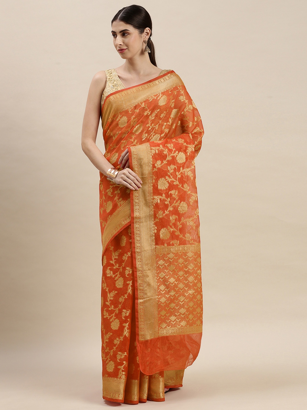 

Geroo Jaipur Orange & Gold-Toned Woven Design Zari Kota Silk Saree