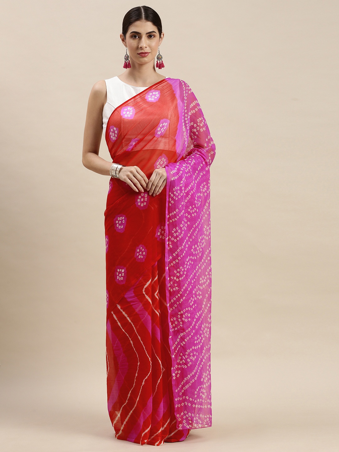 

Geroo Jaipur Red & Pink Hand Dyed Leheriya Bandhani Saree
