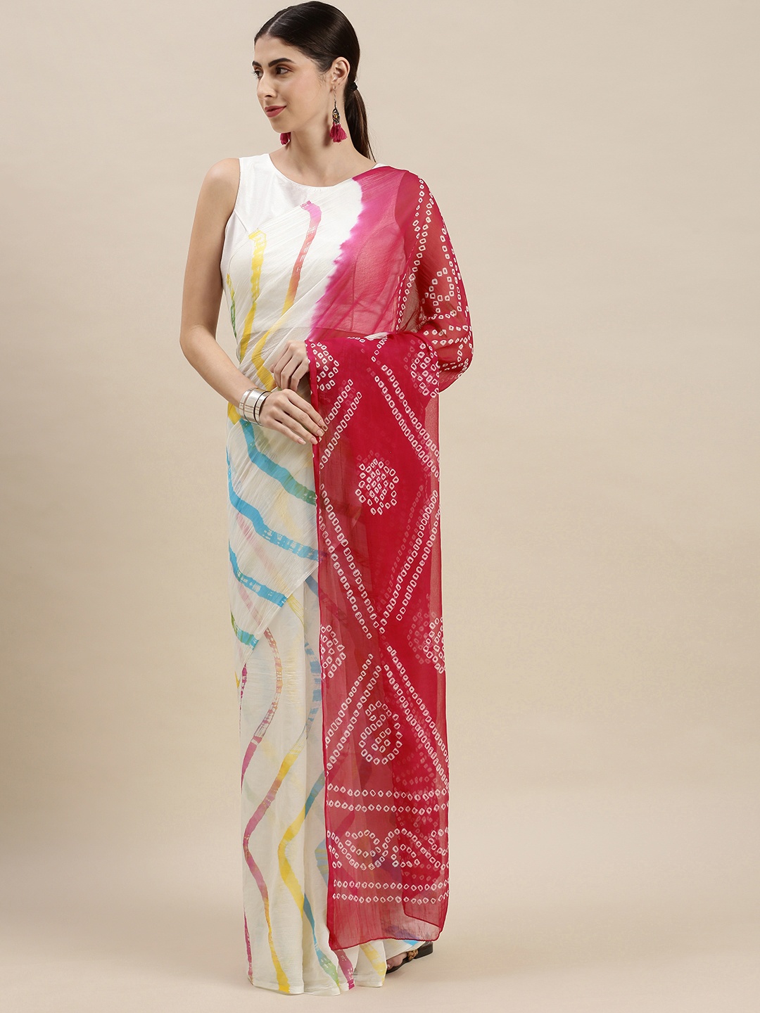 

Geroo Jaipur Red & White Hand Dyed Leheriya Bandhani Saree
