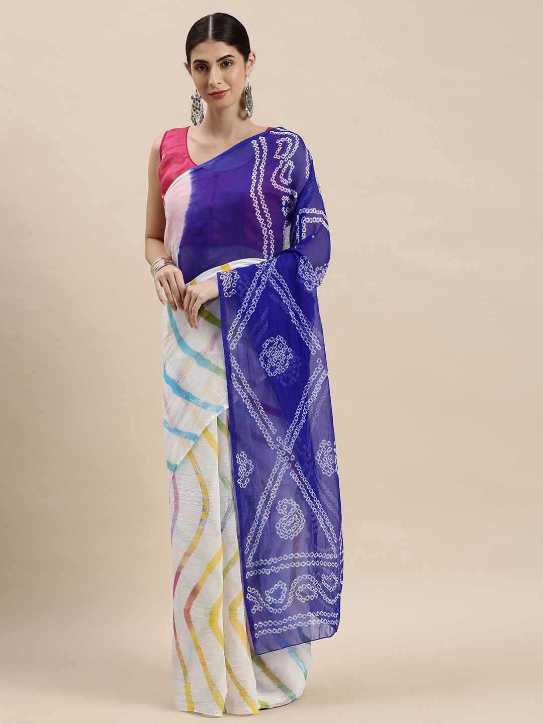 

Geroo Jaipur Multicoloured Hand Dyed Leheriya Bandhani Chiffon Saree, Multi