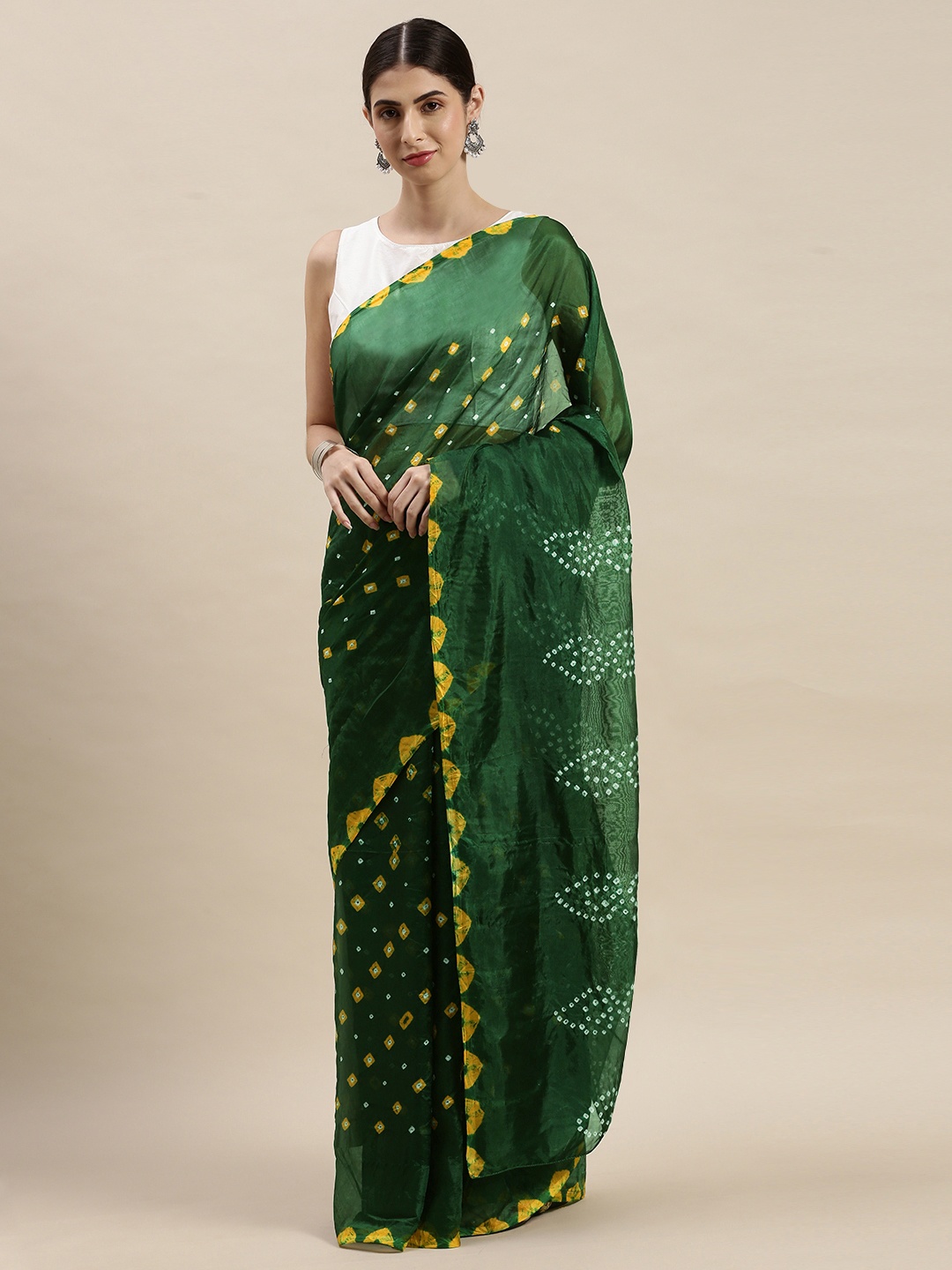 

Geroo Jaipur Green & Yellow Bandhani Art Silk Bandhani Saree