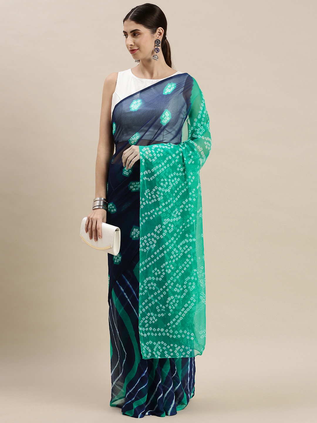 

Geroo Jaipur Navy Blue & Green Bandhani Saree
