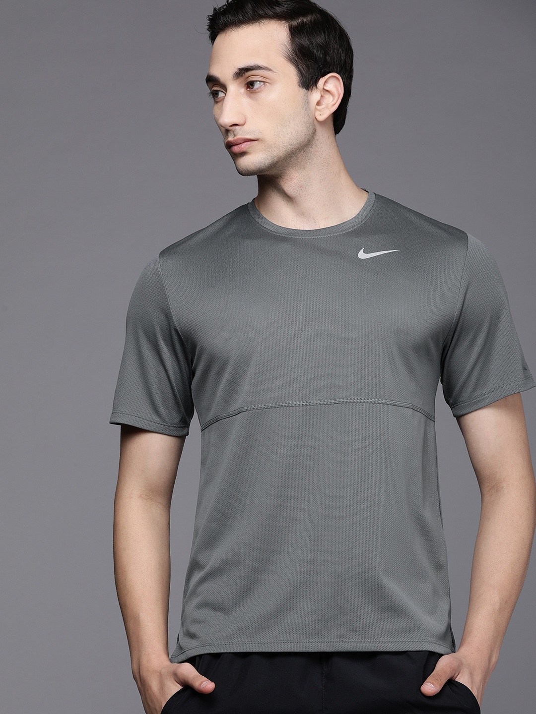 

Nike Men Grey Brand Logo Printed Running T-shirt