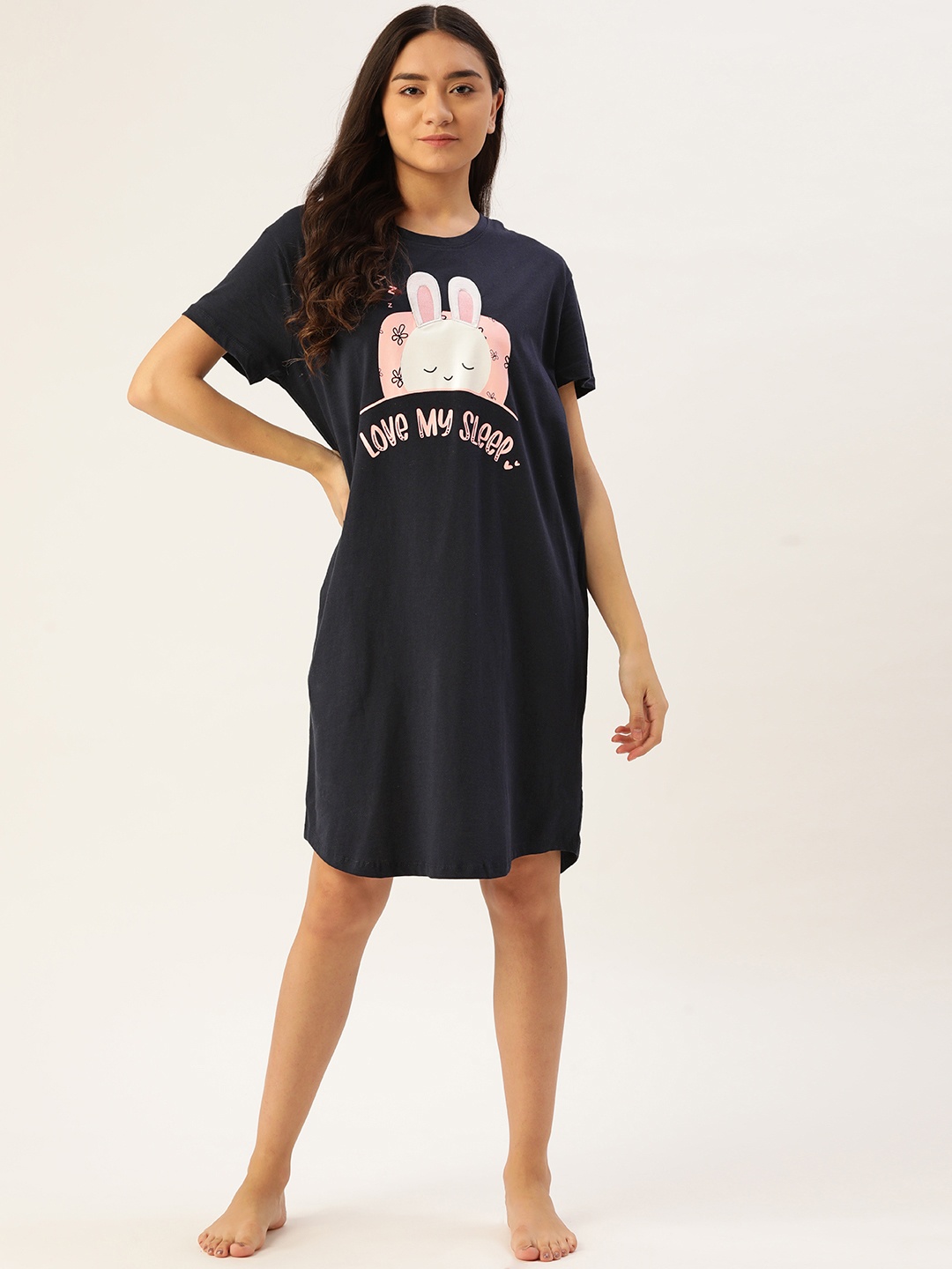 

Sweet Dreams Navy Blue & White Graphic Print Cotton Nightdress